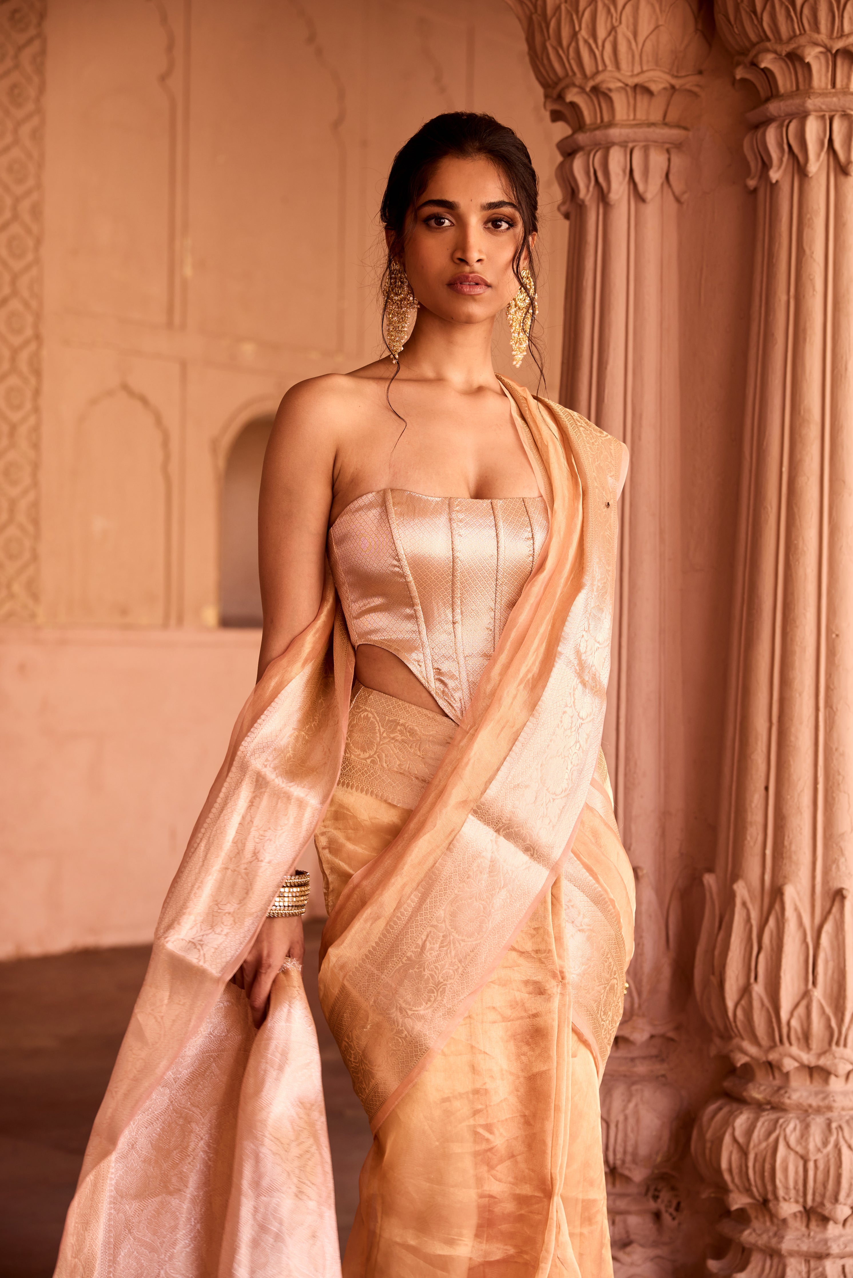 Suhaila Gold Tissue Pre-Draped Saree Set