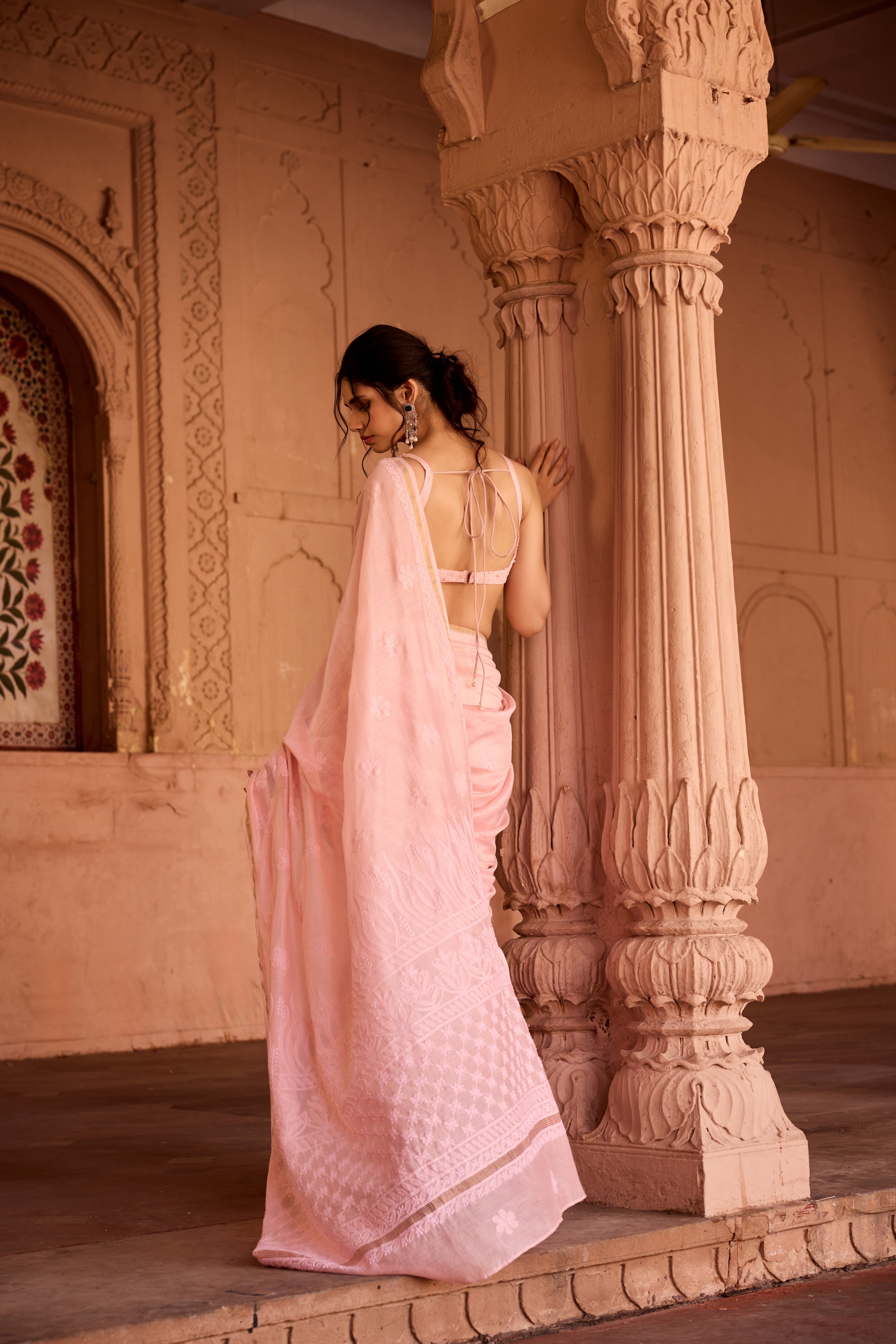 Sidra Baby Pink Chikankari Pre-Stiched Saree