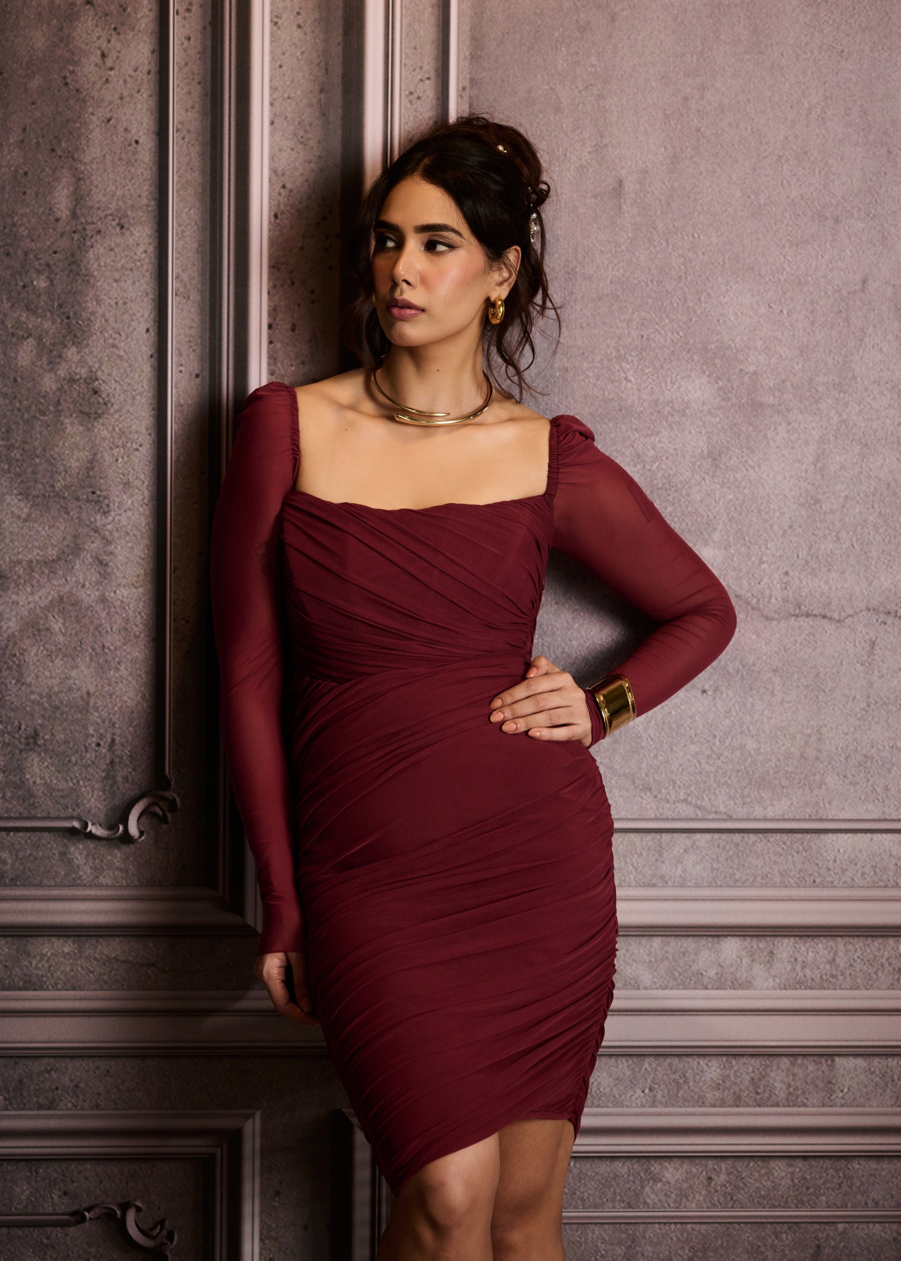 Venus Burgundy Side Slit Ruched Dress