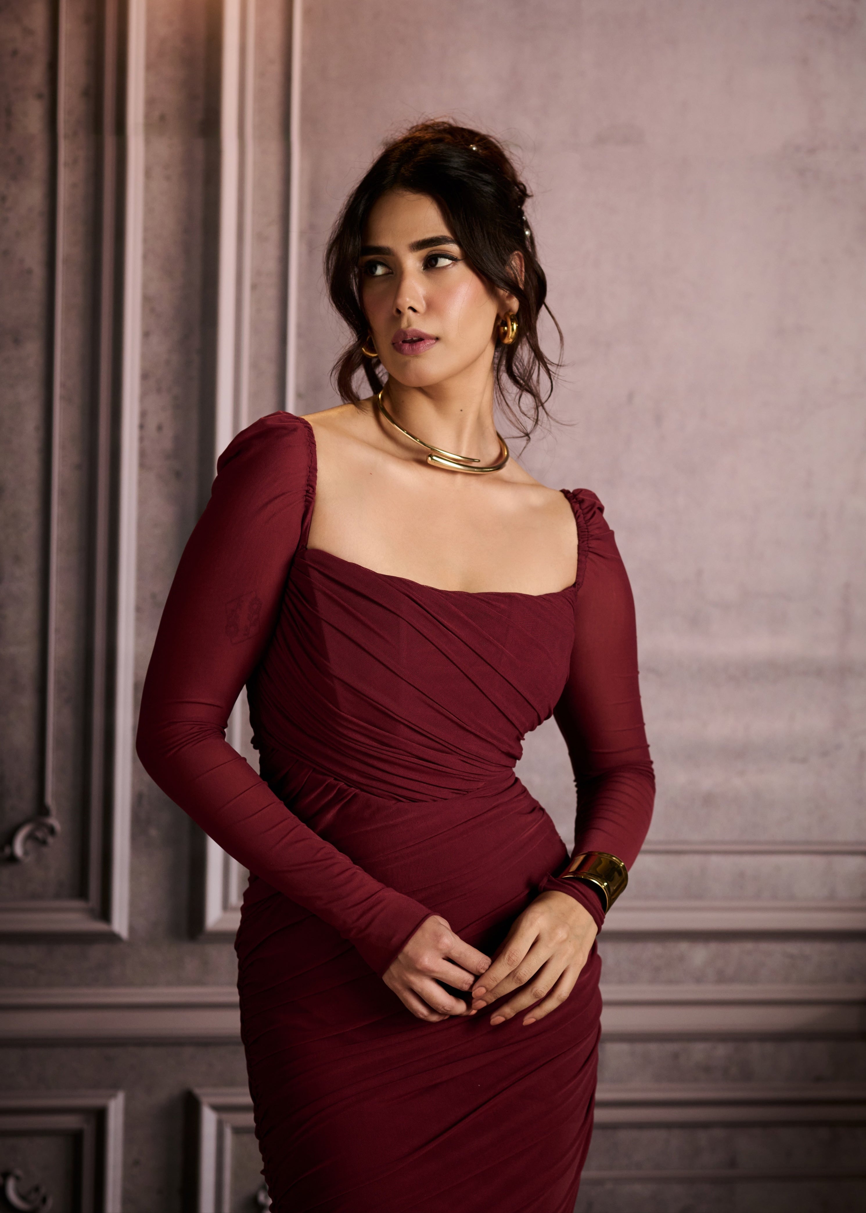 Venus Burgundy Side Slit Ruched Dress