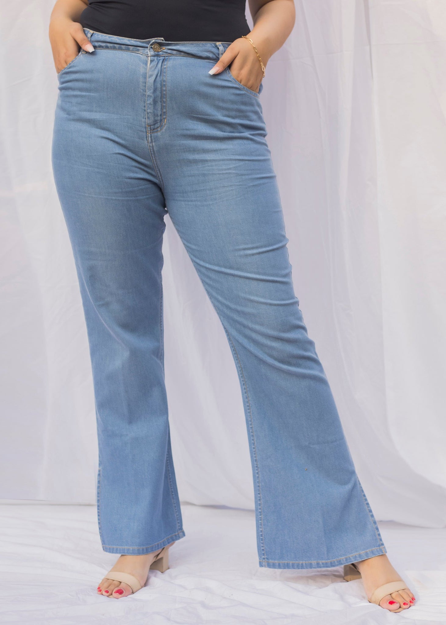 Lorie High-Waist Bootcut Jeans in Mid-Blue Denim - Lea Clothing Co.