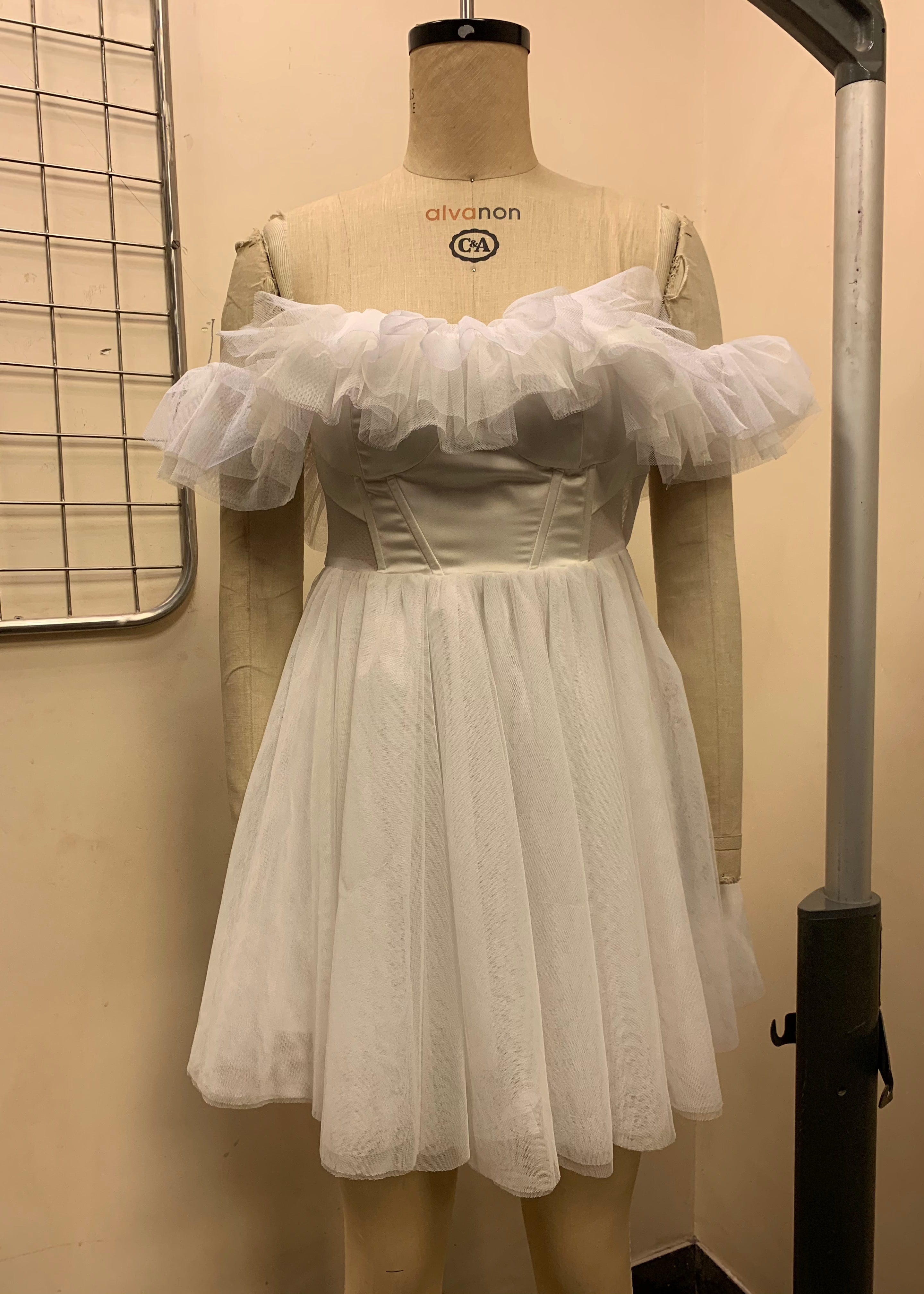 Ruffle neckline white dress off shoulder