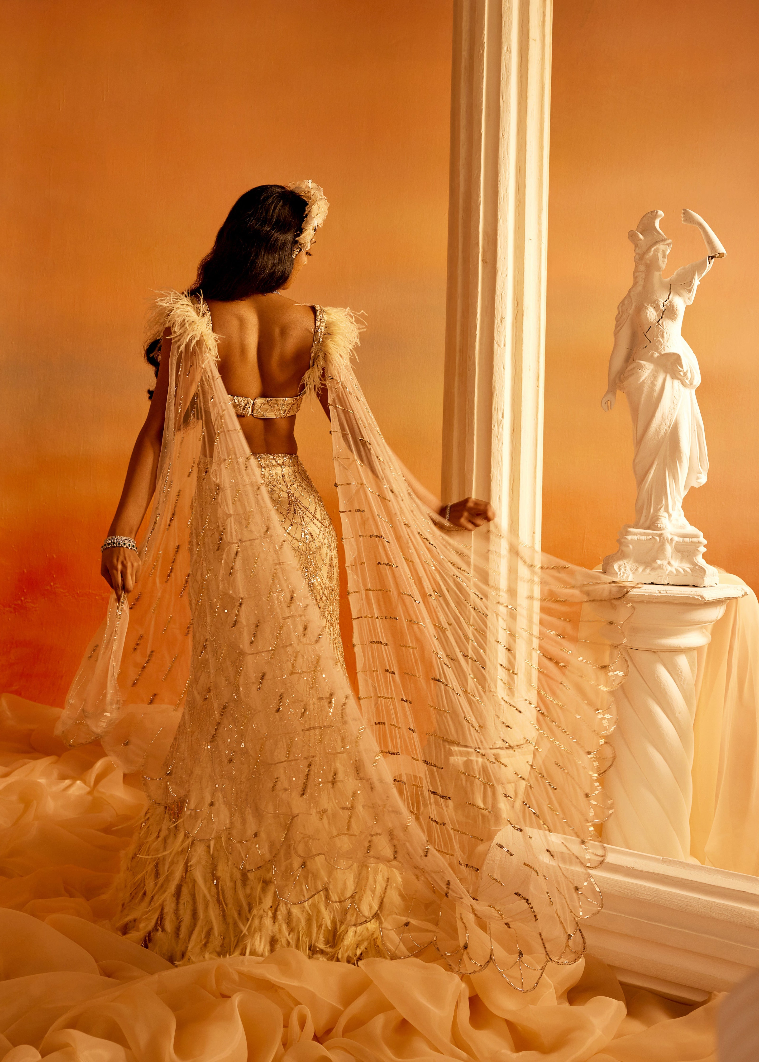 Buy Our Nyra Gold Embroidered Feather Lehenga Set