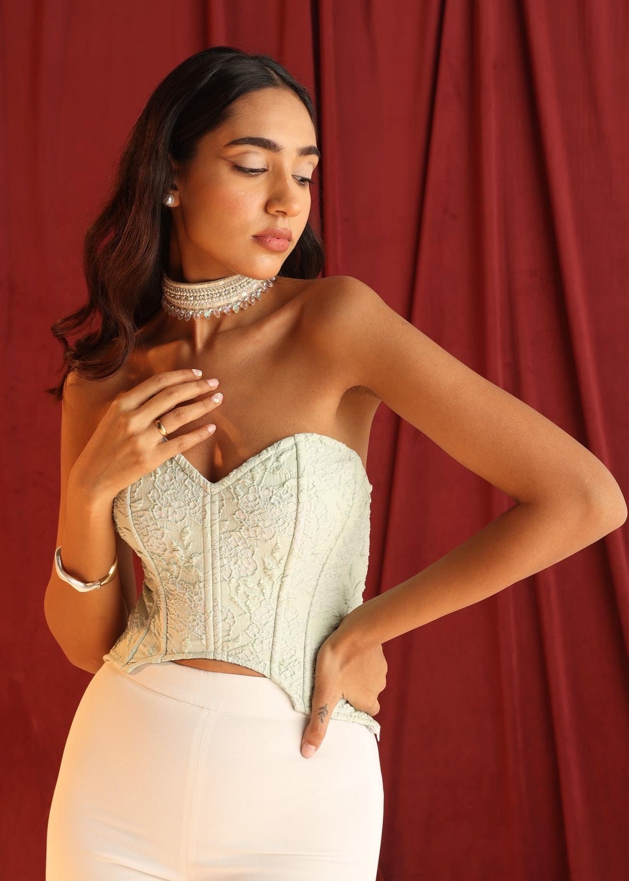 Quinn Sage Green Embroidered Jacquard Corset Top