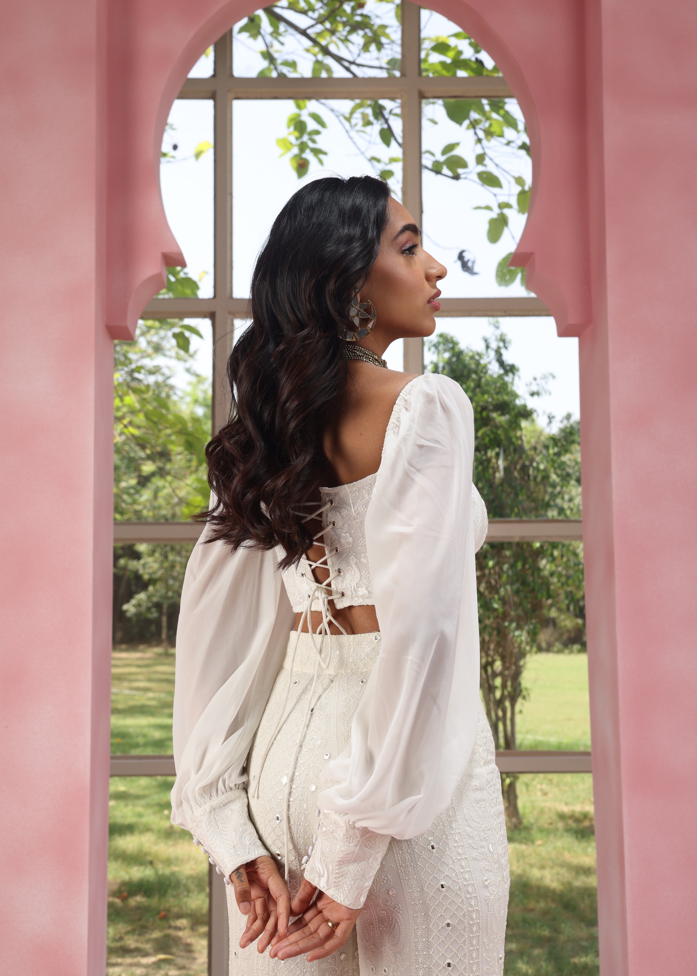 Buy Our Ruhiya White Embroidered Georgette Corset Top