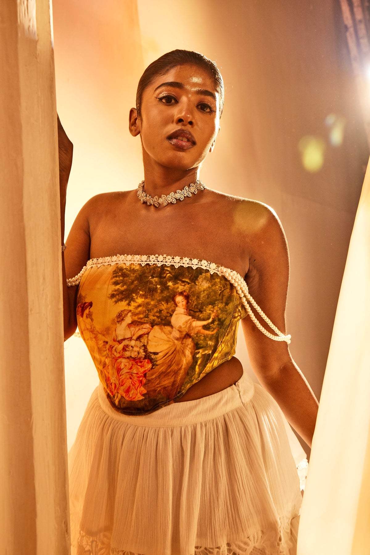 Tilda Vintage Print Corset and Skirt Set featuring a classic vintage print on both the corset top and matching skirt