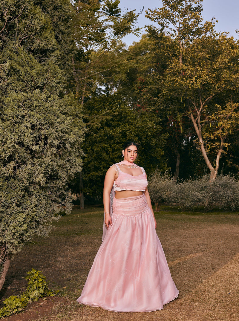 A beautiful Aadya Pink Mesh Lehenga Set showcasing delicate mesh fabric and intricate detailing, perfect for a graceful and festive occasion.