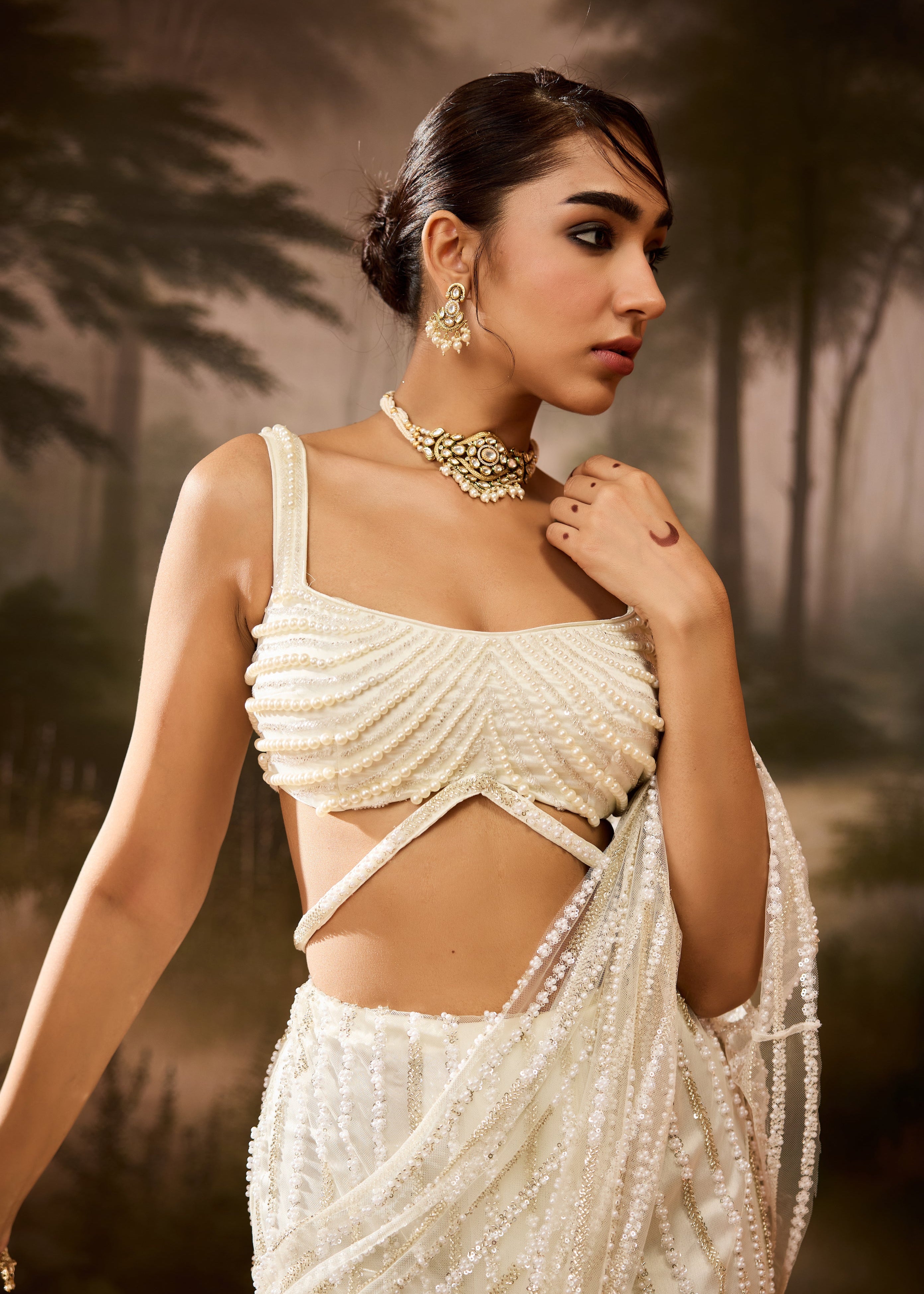 Aafdah White Pearl Embellished Saree
