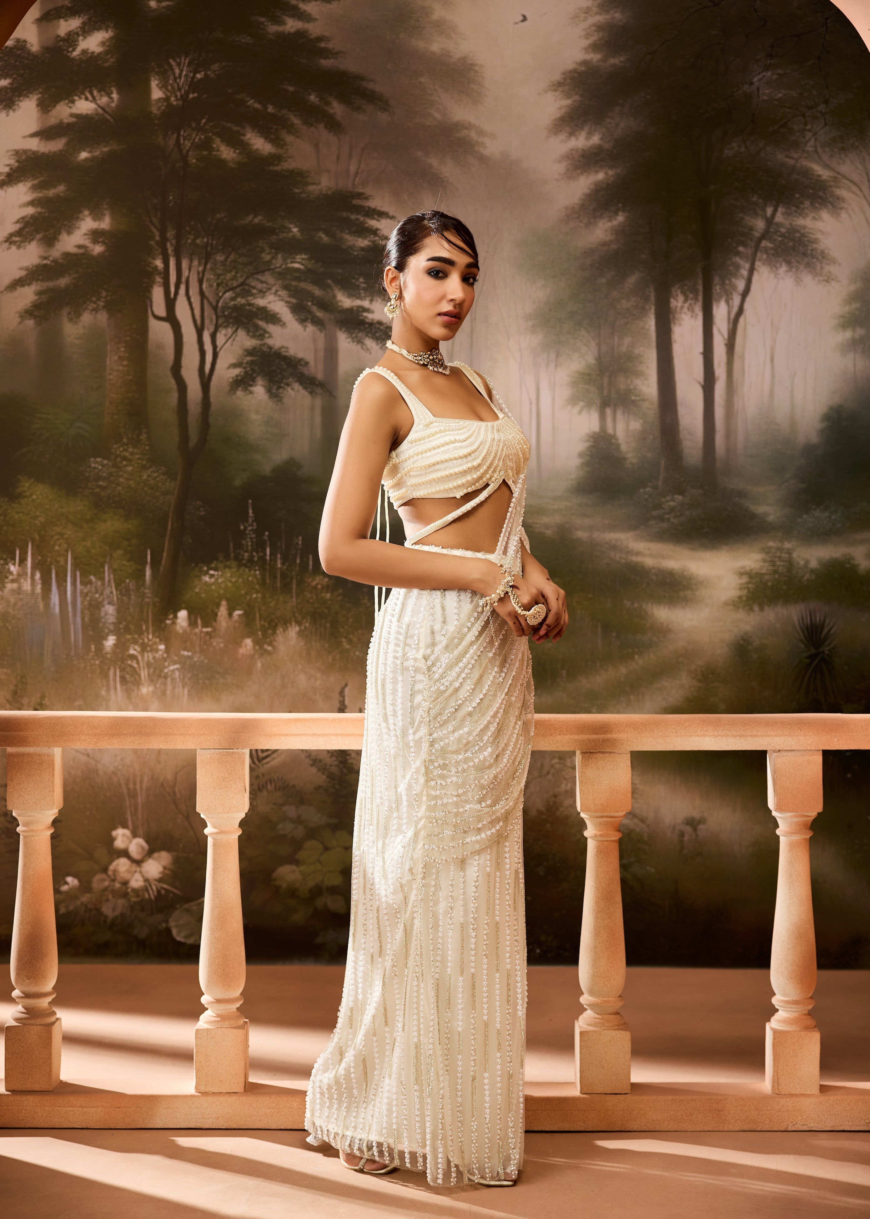 Aafdah White Pearl Embellished Saree
