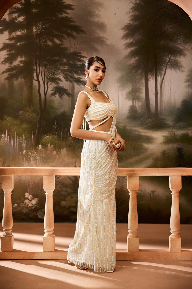 Aafdah White Pearl Embellished Saree
