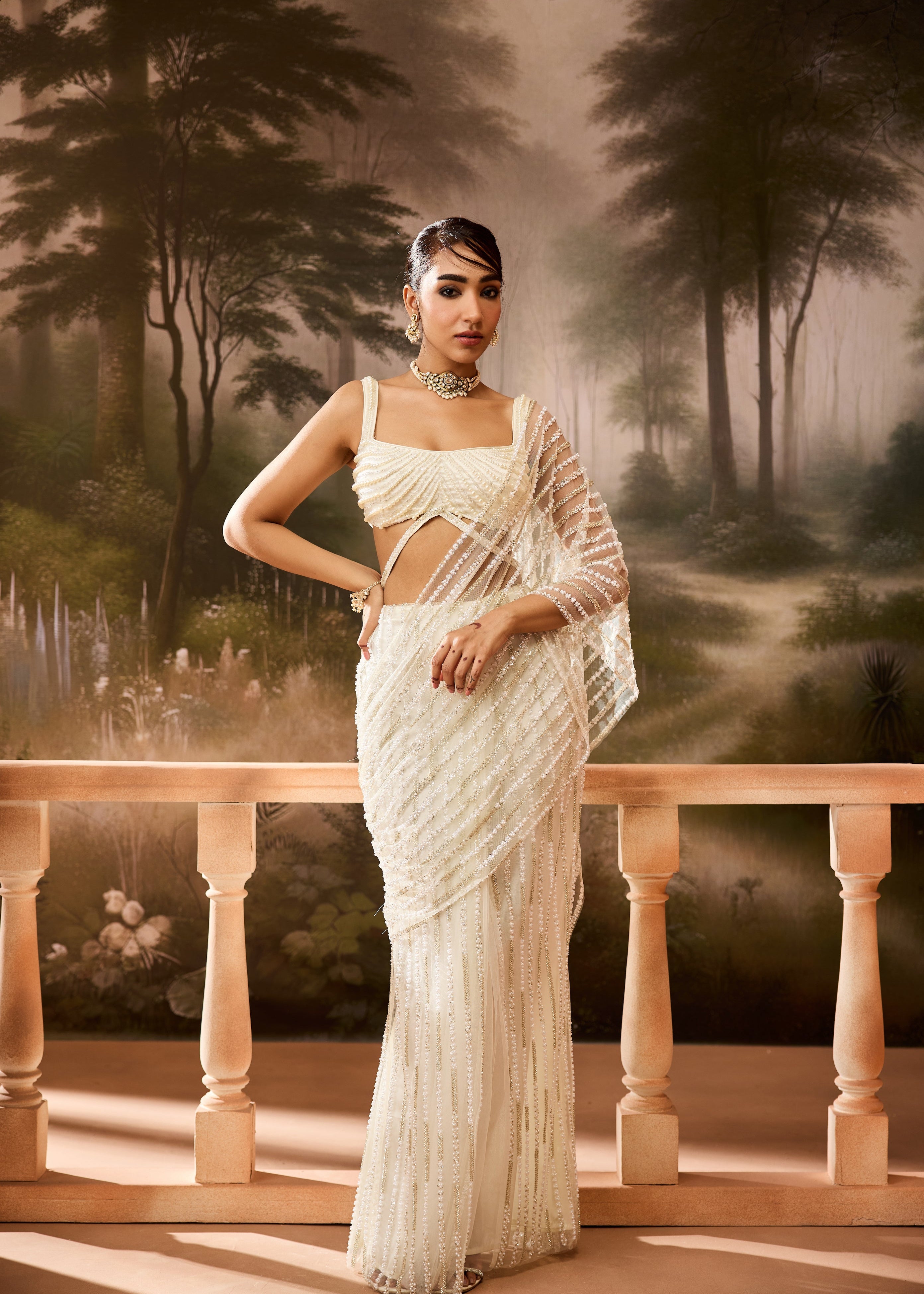 Aafdah White Pearl Embellished Saree

