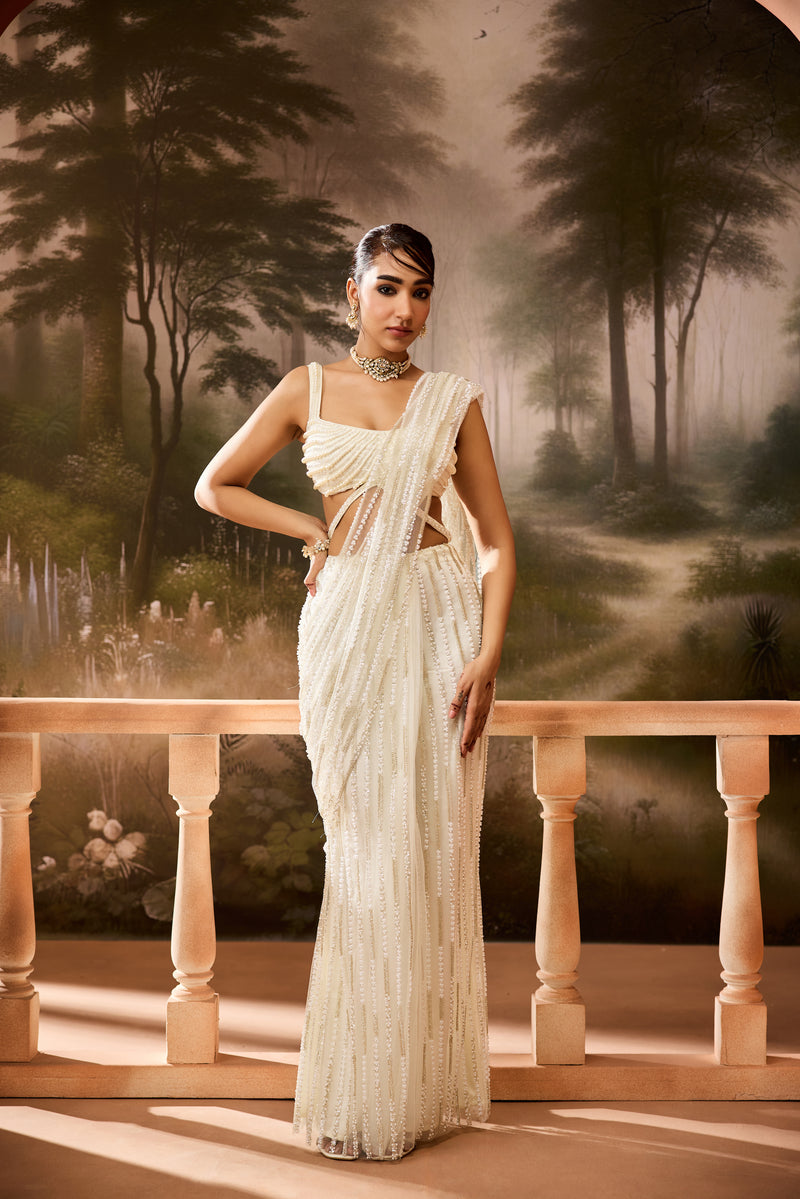 Aafdah White Pearl Embellished Saree
