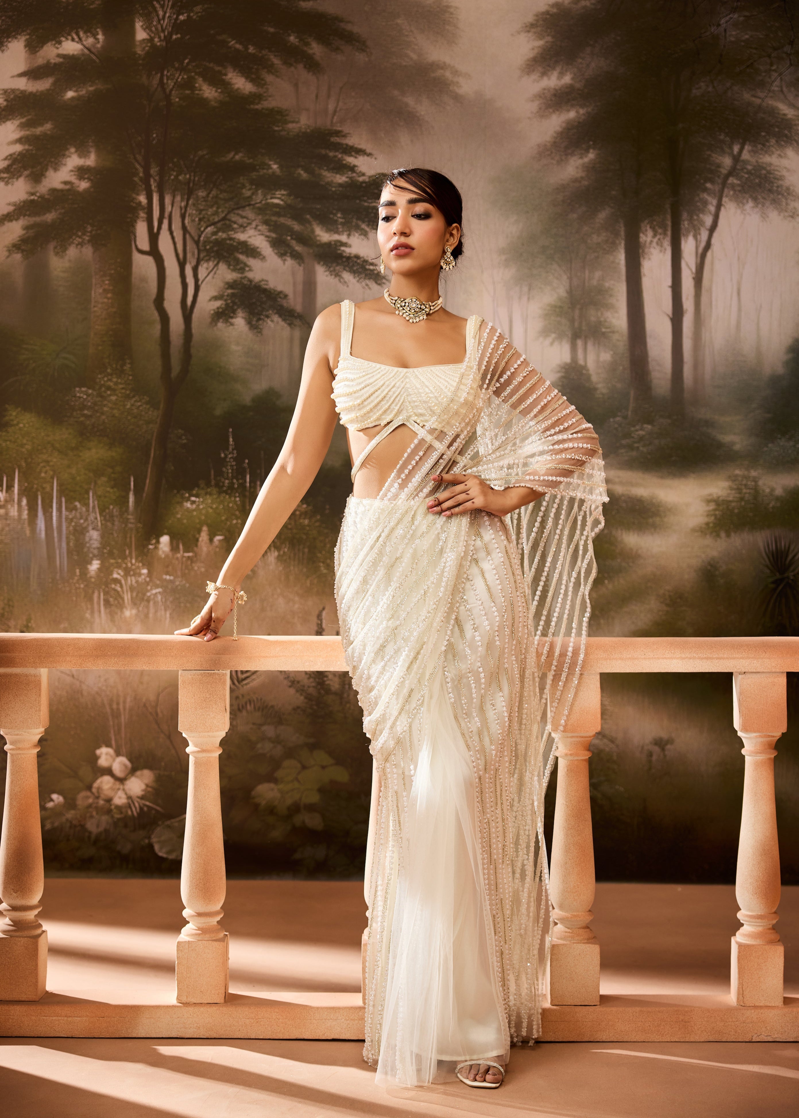 Aafdah White Pearl Embellished Saree
