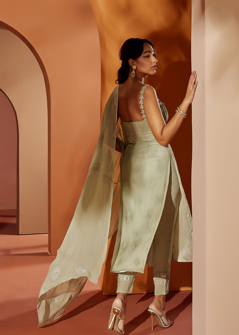 Aarya Sage Green Embroidered Georgette Kurta Set featuring delicate embroidery on soft georgette fabric for a refined and elegant appearance