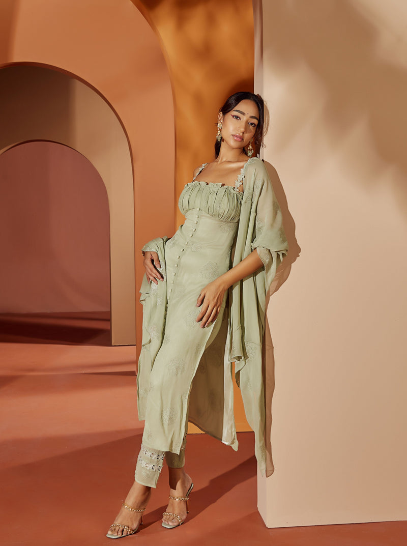 Aarya Sage Green Embroidered Georgette Kurta Set featuring delicate embroidery on soft georgette fabric for a refined and elegant appearance