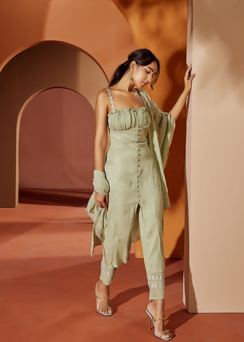 Aarya Sage Green Embroidered Georgette Kurta Set featuring delicate embroidery on soft georgette fabric for a refined and elegant appearance