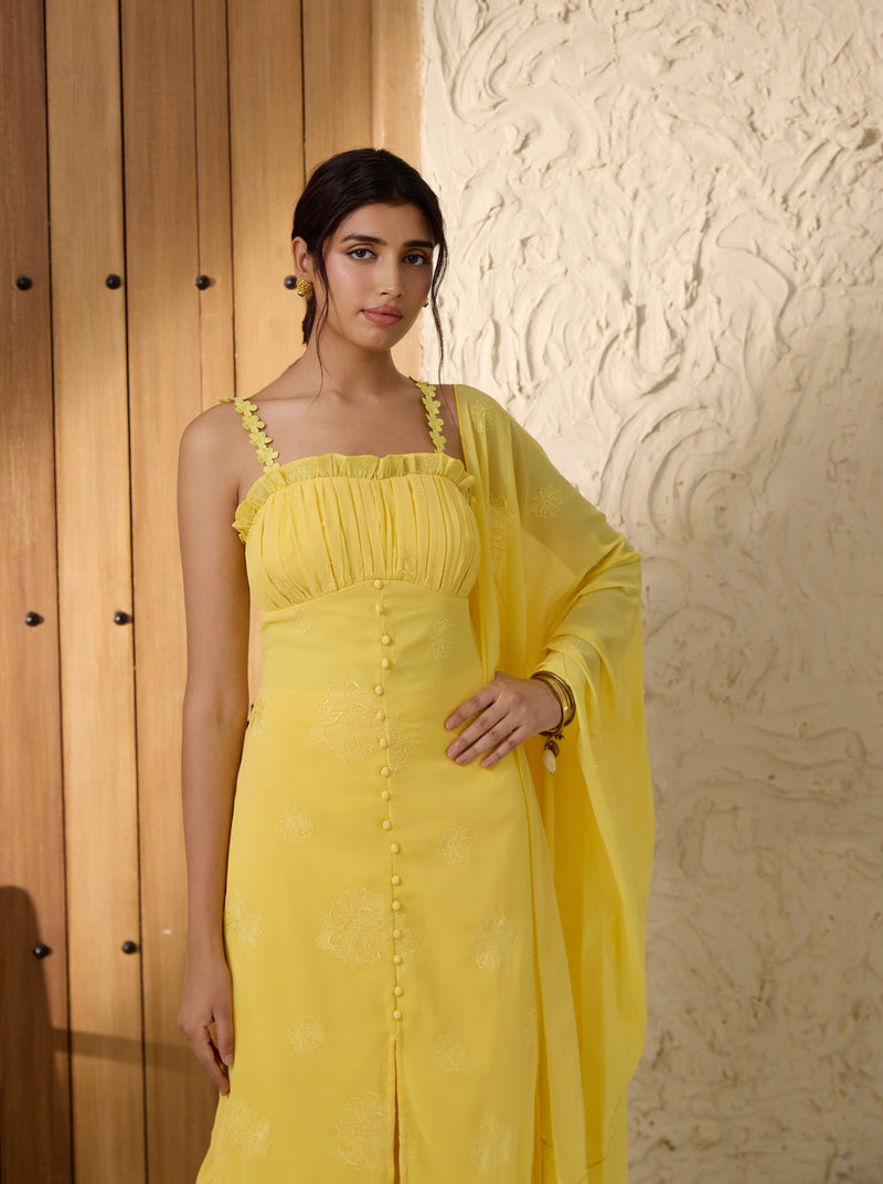 Aarya Yellow Embroidered Georgette Kurta Set with intricate floral embroidery and matching pants