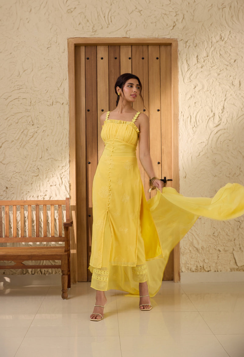 Aarya Yellow Embroidered Georgette Kurta Set with intricate floral embroidery and matching pants