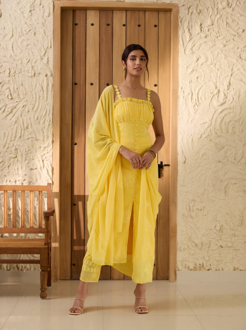 Aarya Yellow Embroidered Georgette Kurta Set with intricate floral embroidery and matching pants