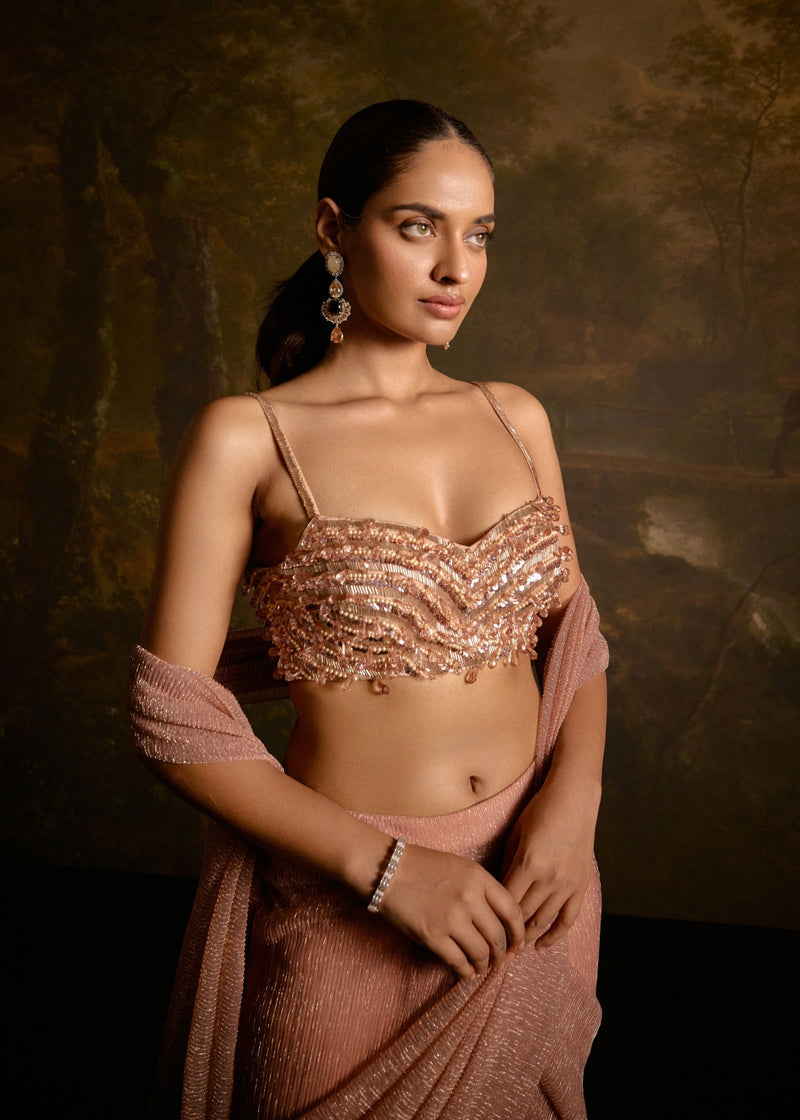 "Aazina Blush Pink Pre-Stitched Saree: Blush pink pre-stitched saree, combining ease of wear with elegance and style."