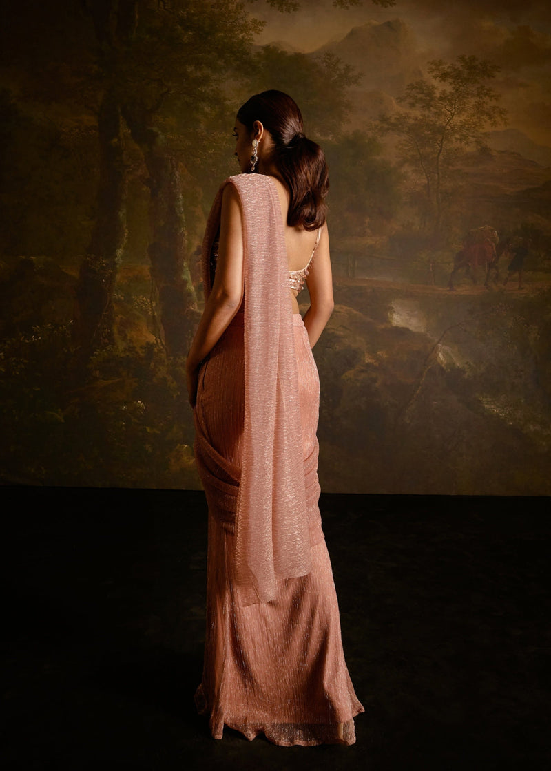 "Aazina Blush Pink Pre-Stitched Saree: Blush pink pre-stitched saree, combining ease of wear with elegance and style."