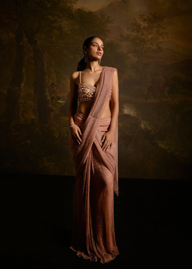 "Aazina Blush Pink Pre-Stitched Saree: Blush pink pre-stitched saree, combining ease of wear with elegance and style."