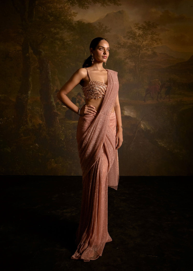 Aazina Blush Pink Pre-Stitched Saree with delicate embroidery and a stylish drape