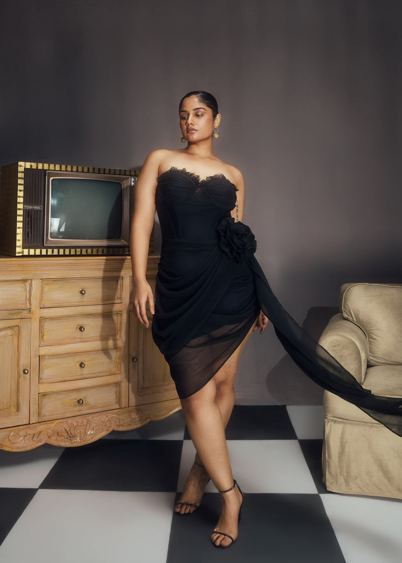 Abba Black Chiffon Strapless Rose Embellished Asymmetrical Midi Bustie Lea Clothing Co. Abba Black Chiffon Strapless Rose Embellished Asymmetrical Midi Bustie Lea Clothing Co.