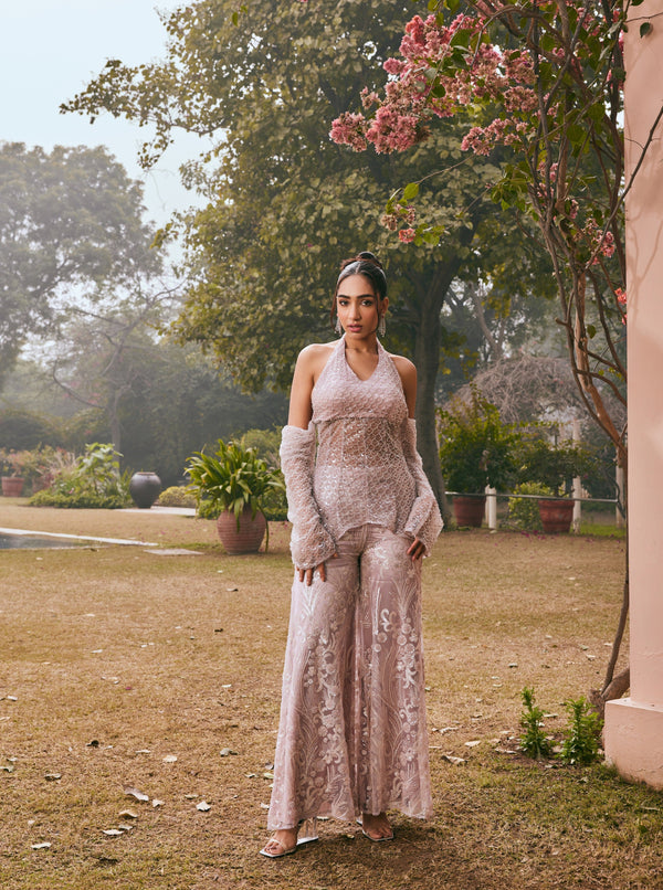 Aida Blush Pink Embroidered Sharara Set with delicate blush pink embroidery and a graceful silhouette