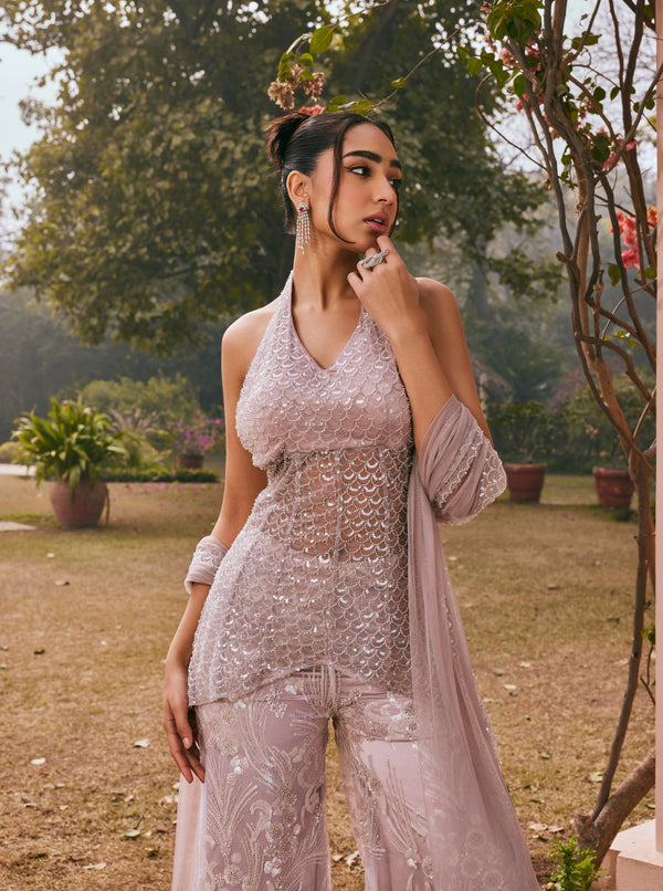 Aida Blush Pink Embroidered Sharara Set with delicate blush pink embroidery and a graceful silhouette