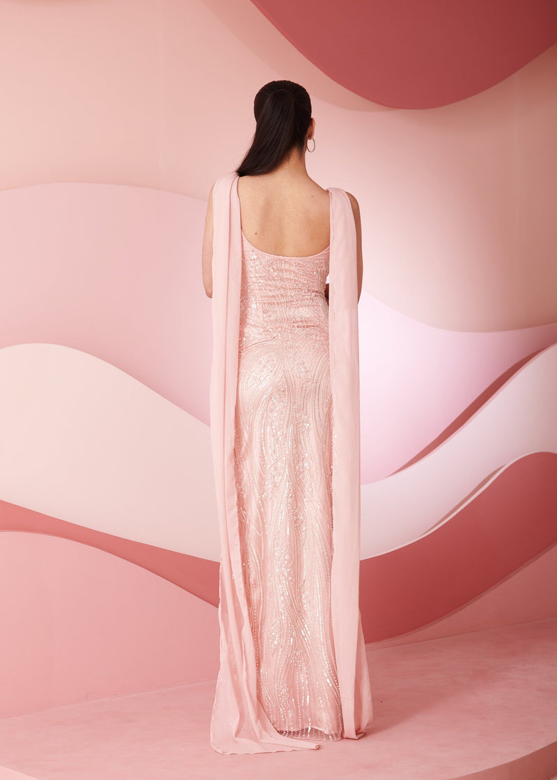 Ailani baby pink embroidered slit gown featuring intricate embroidery and a stylish slit, perfect for special occasions.