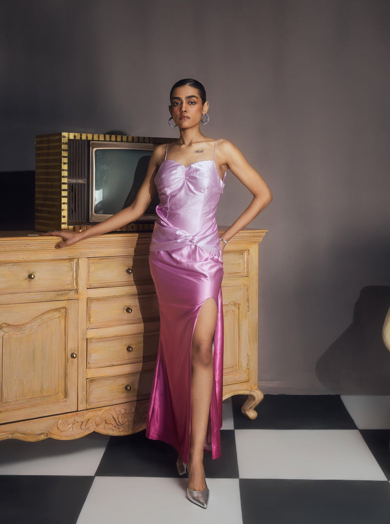 Amaranta Pink Ombre Satin Low Back Slip-Style Gown, blending elegant ombre hues with a sultry low-back design