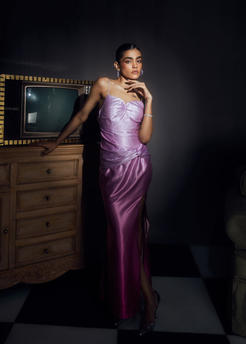 Amaranta Pink Ombre Satin Low Back Slip-Style Gown, blending elegant ombre hues with a sultry low-back design