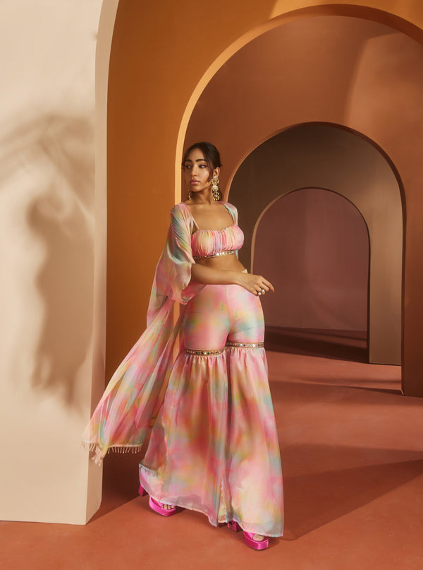 Anvi Pink Watercolor Print Coord Set featuring a delicate watercolor design, combining artistic flair with modern elegance