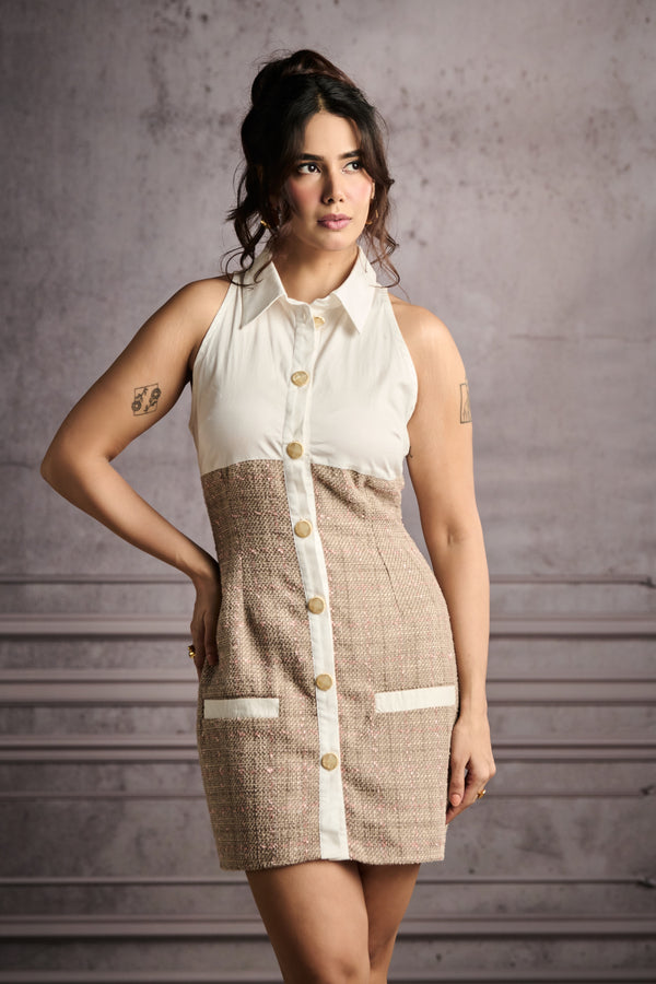 Arizona Beige and White Tweed Mini Shirt Dress
