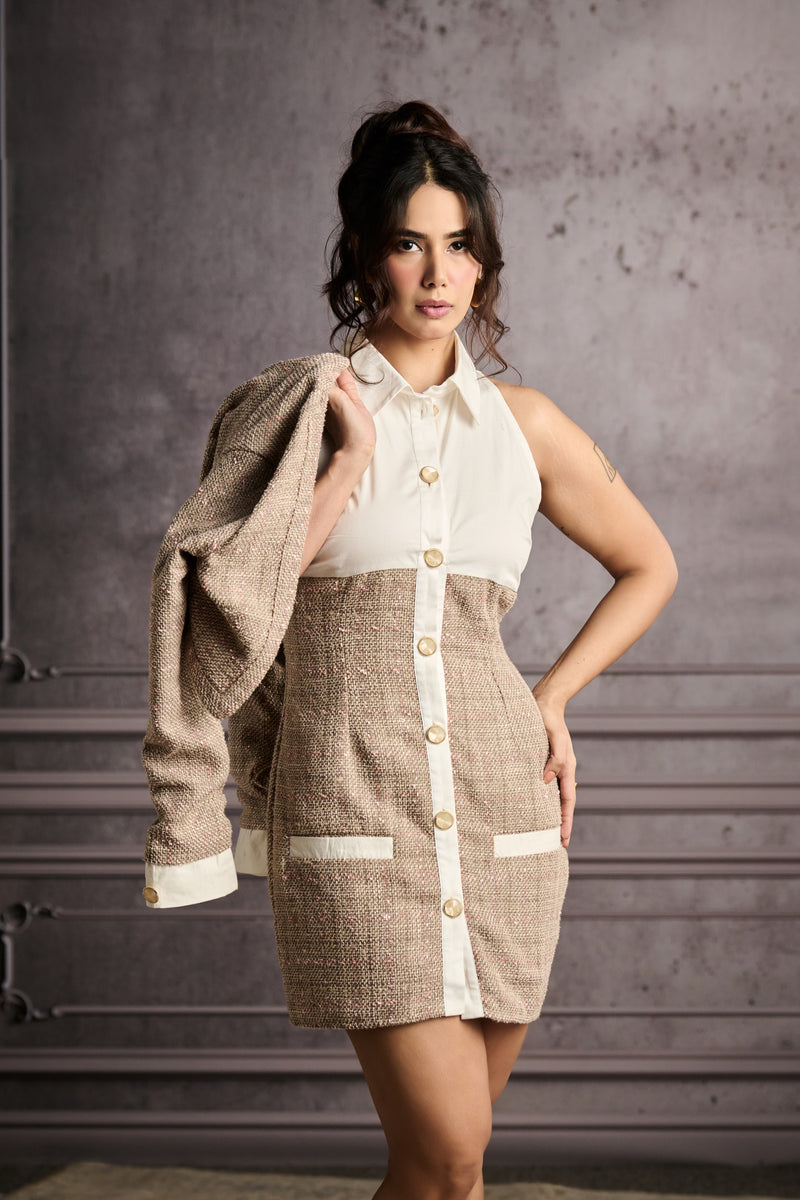 Arizona Beige and White Tweed Mini Shirt Dress
