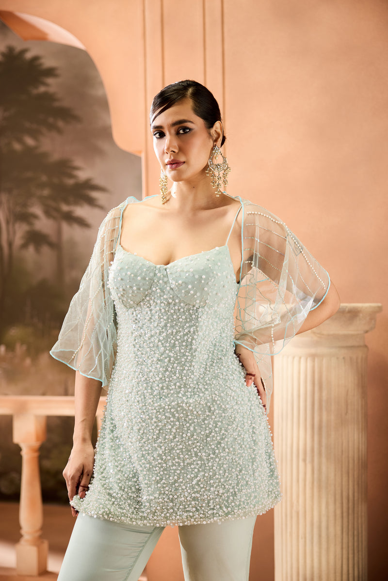 Ashlesha Pastel Blue Pearl Embellished Sharara Set
