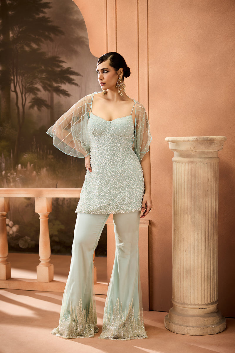 Ashlesha Pastel Blue Pearl Embellished Sharara Set
