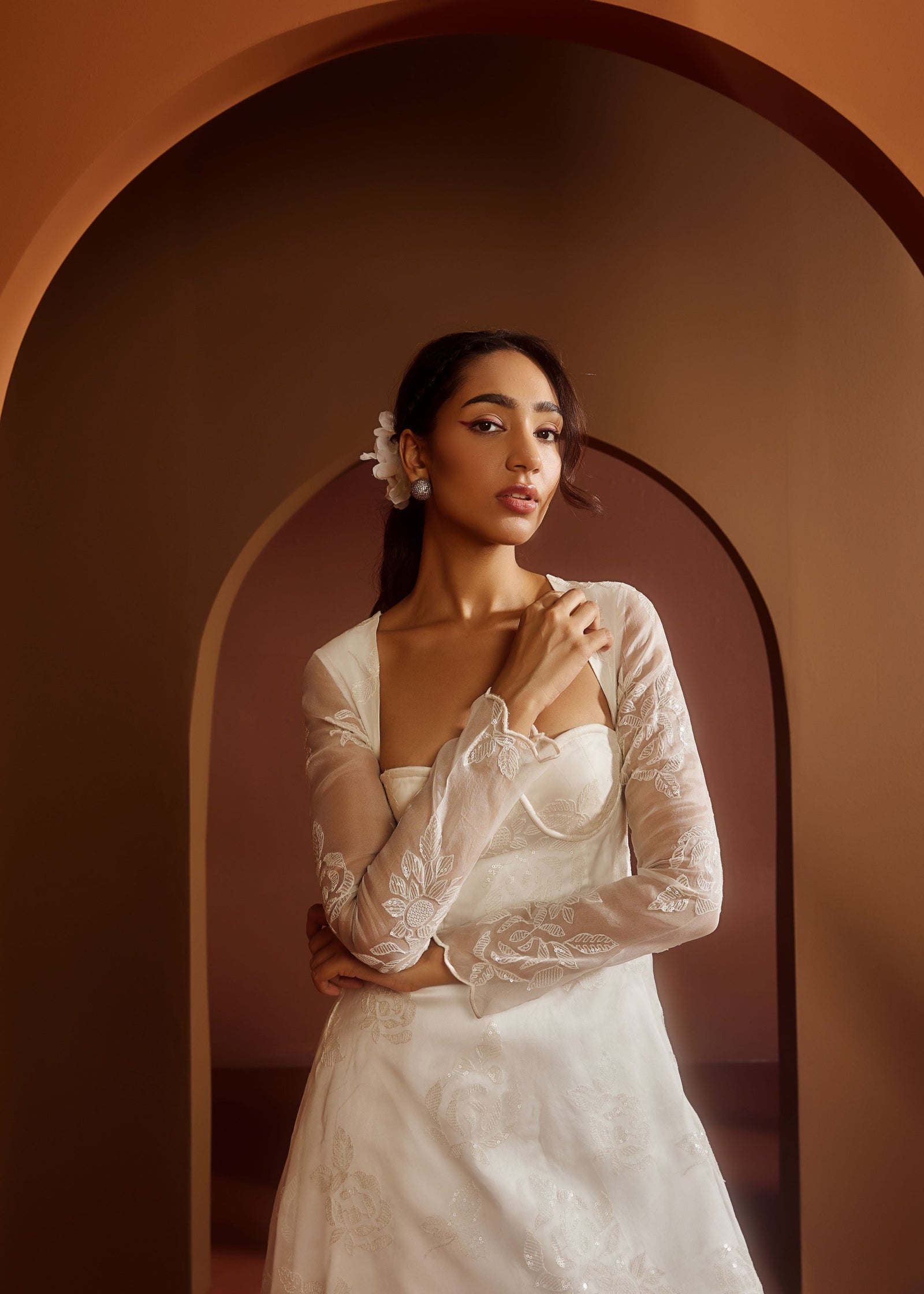 white chantilly lace dress Ivory Lace A-Line Wedding Dress with Cape – Sleeveless Wedding Dress with Sheer Corset and Chantilly Lace Plus Size – JOSEPHINE Size 6 main image 1
