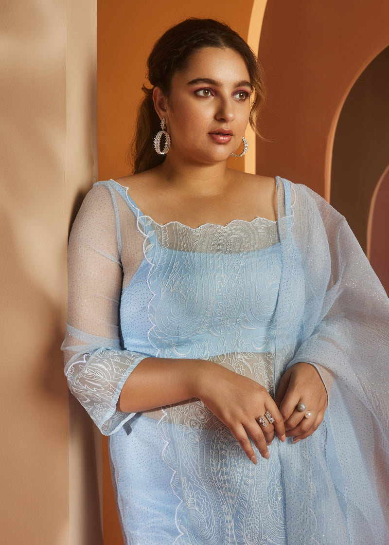 Barkha Sky Blue Embroidered Organza Kurta Set featuring intricate embroidery on delicate organza fabric for a graceful and stylish look