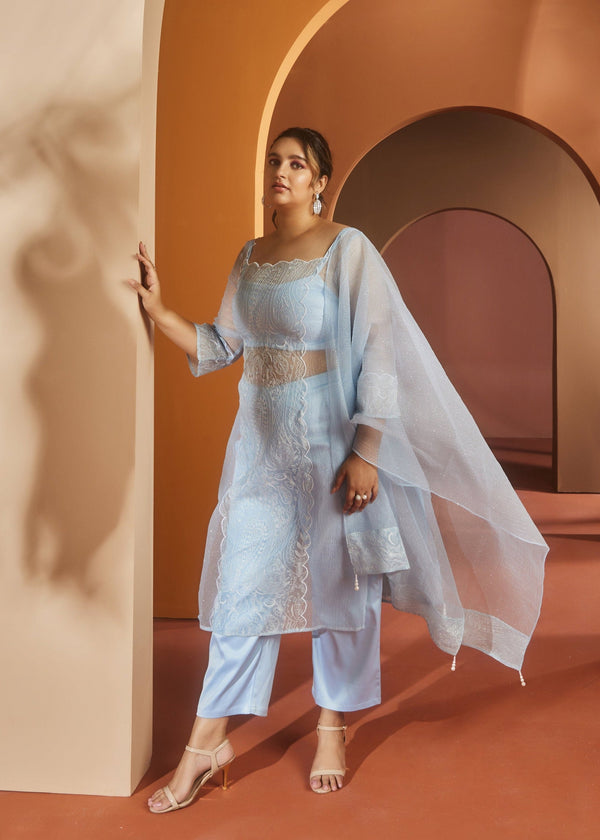 Barkha Sky Blue Embroidered Organza Kurta Set featuring intricate embroidery on delicate organza fabric for a graceful and stylish look