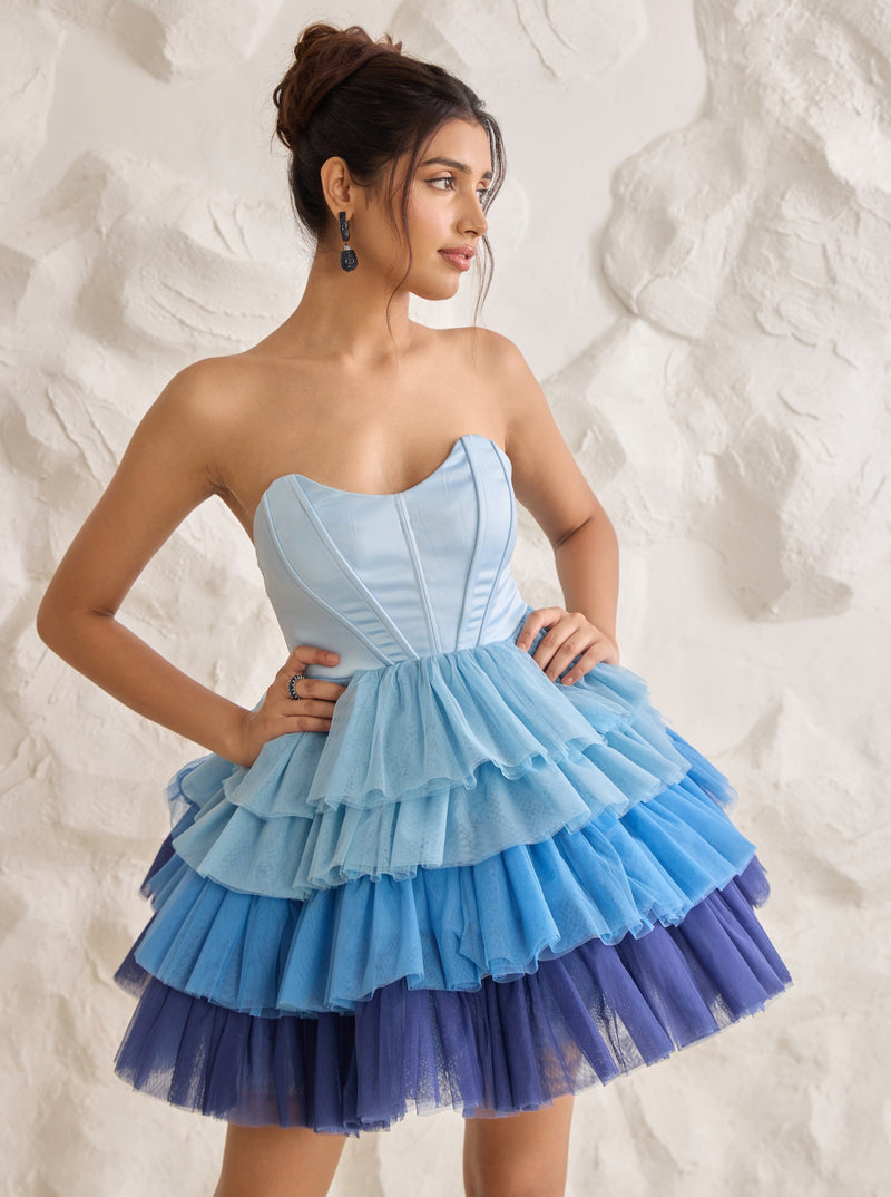 Belle Blue Ruffle Tulle Puff Corset Dress with layered tulle skirt and delicate ruffle details