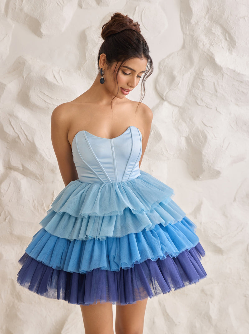 Belle Blue Ruffle Tulle Puff Corset Dress with layered tulle skirt and delicate ruffle details