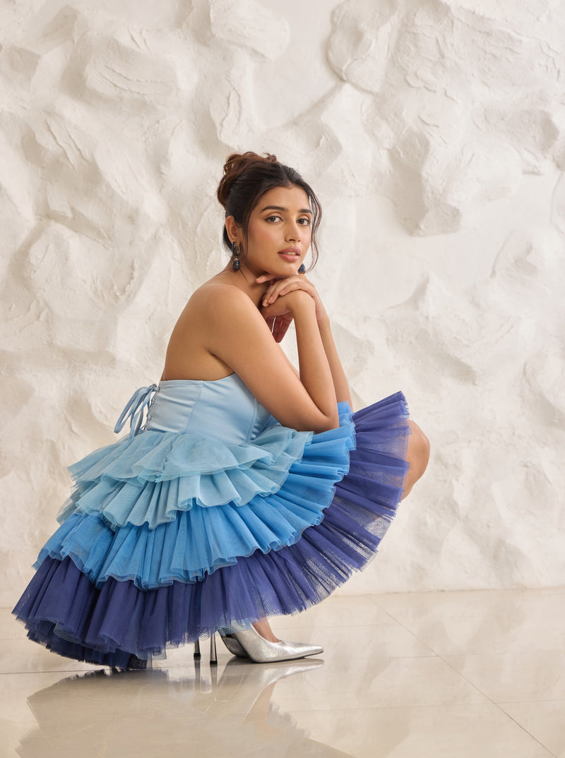 Belle Blue Ruffle Tulle Puff Corset Dress with layered tulle skirt and delicate ruffle details