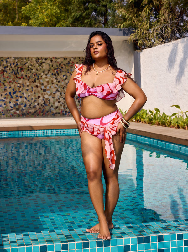  Birch Pink Printed High-Waisted Bikini Set with a stylish print and flattering high-waisted design.