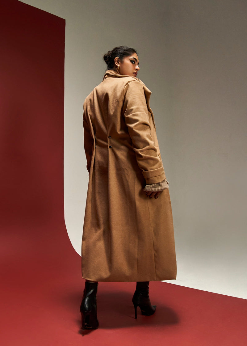 Brisa Camel Long Overcoat with Snap Button Detailing, featuring a sleek design and stylish button accents