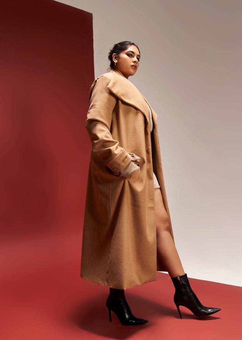 Brisa camel long overcoat featuring snap button detailing for a stylish and sophisticated look