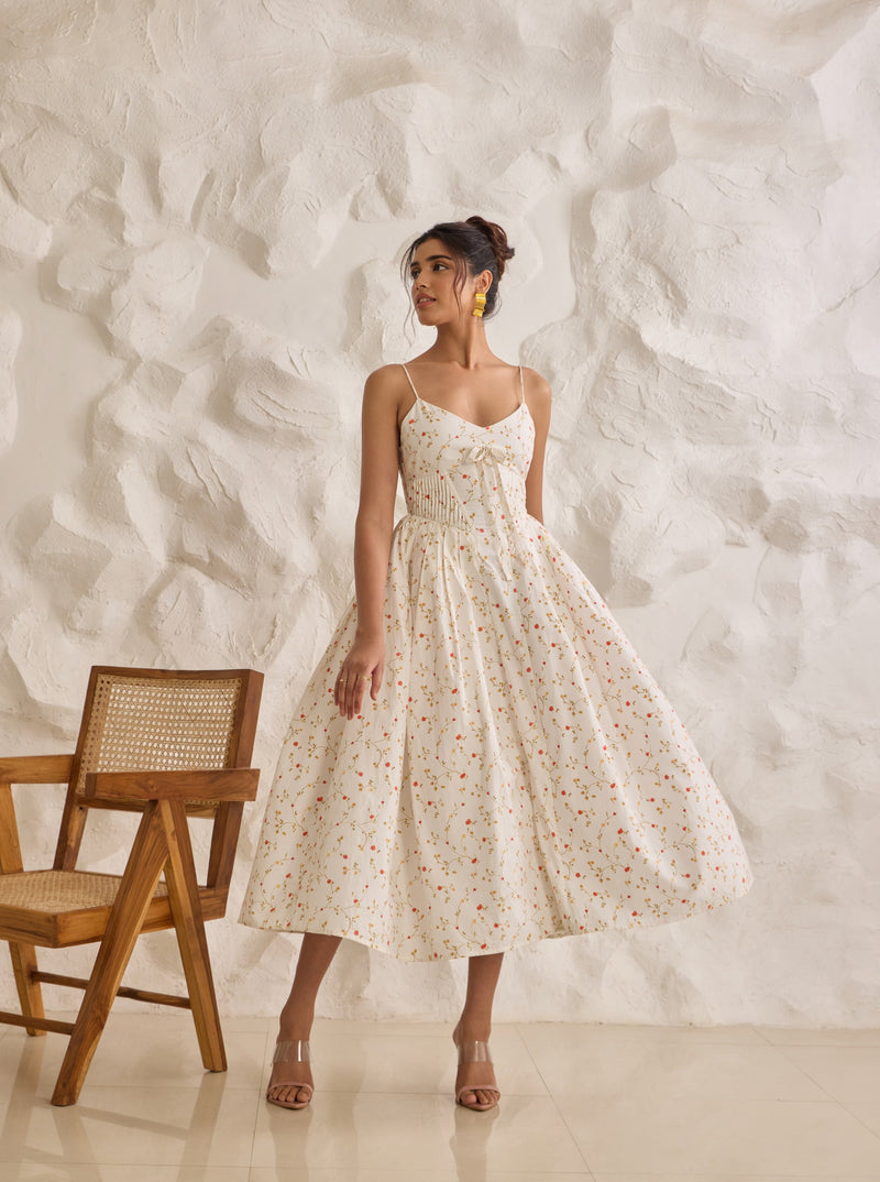 A graceful Brynlee white midi dress featuring a floral print and a corset bodice.