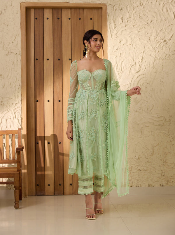 Fariha Green Embroidered Corset Anarkali Suit Set
