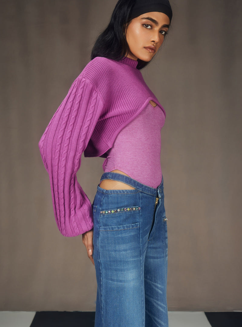 Caprice Purple Super-Cropped Sweater, Bodysuit, and Cutout Denim Embellished Pants Set.